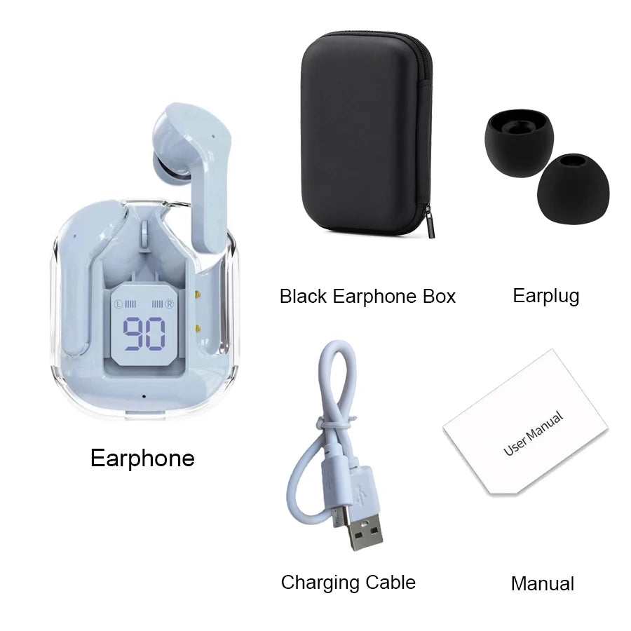 Original T2 Wireless Bluetooth Earphone Transparent HIFI Headphones LED Power Digital Display Stereo Sound Earphones for Phone