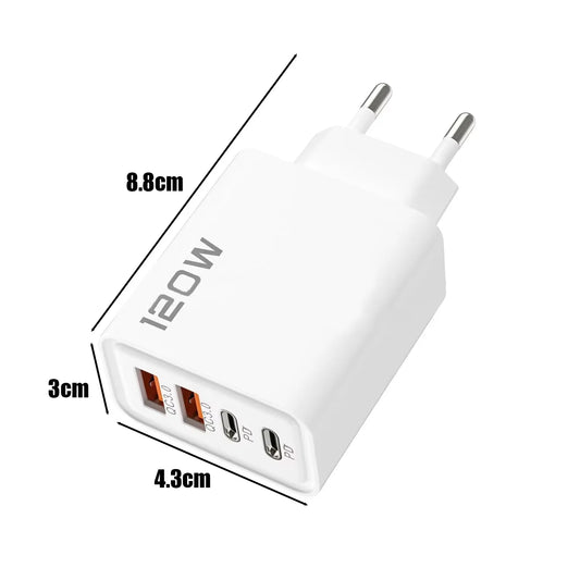 120W Total Fast Charging PD USB Type-C Wall Adapter Quick Charger for iPhone 16/15/14 Xiaomi Huawei Redmi Oneplus Phone Charger