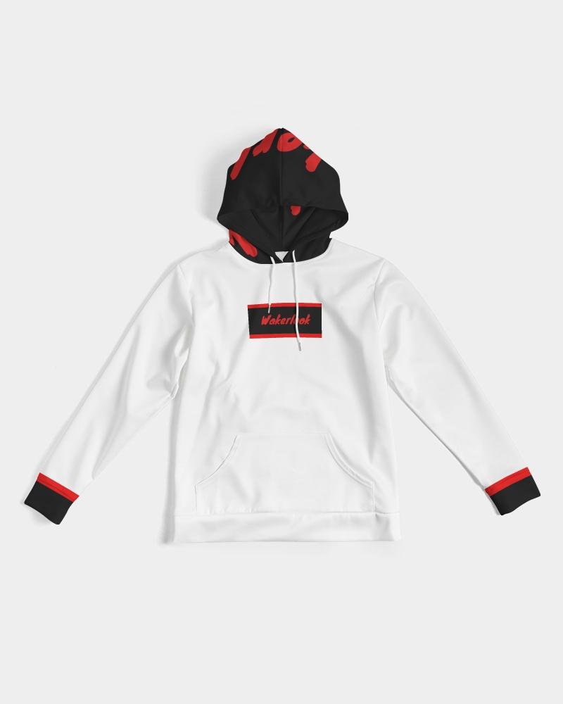White hoodie with black and red accents on a white background