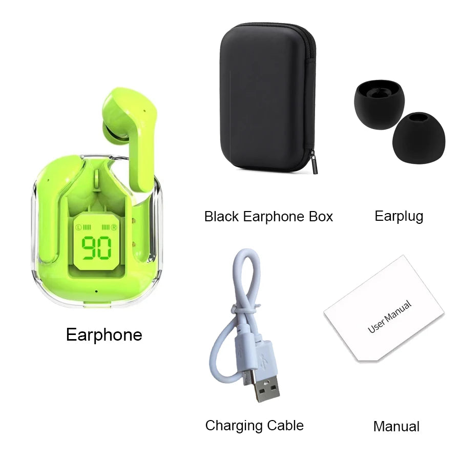 Original T2 Wireless Bluetooth Earphone Transparent HIFI Headphones LED Power Digital Display Stereo Sound Earphones for Phone