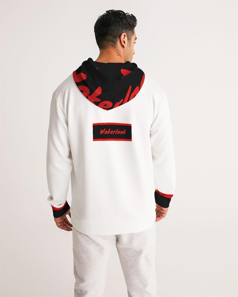 Person wearing a white hoodie with red and black accents on a plain background