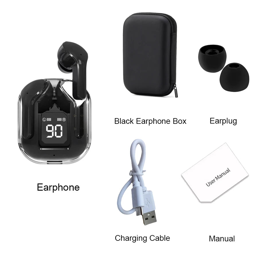 Original T2 Wireless Bluetooth Earphone Transparent HIFI Headphones LED Power Digital Display Stereo Sound Earphones for Phone