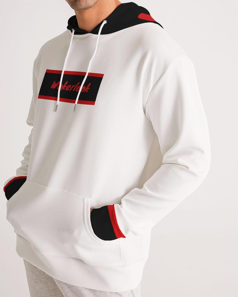 White hoodie with black and red accents on a plain background