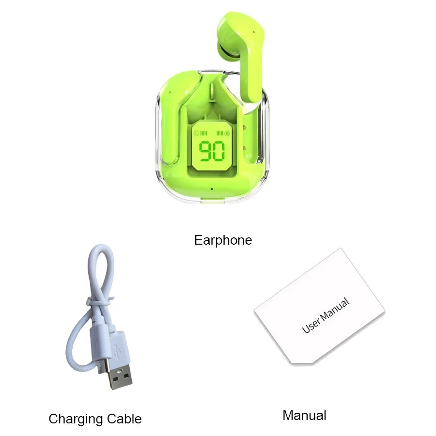 Original T2 Wireless Bluetooth Earphone Transparent HIFI Headphones LED Power Digital Display Stereo Sound Earphones for Phone