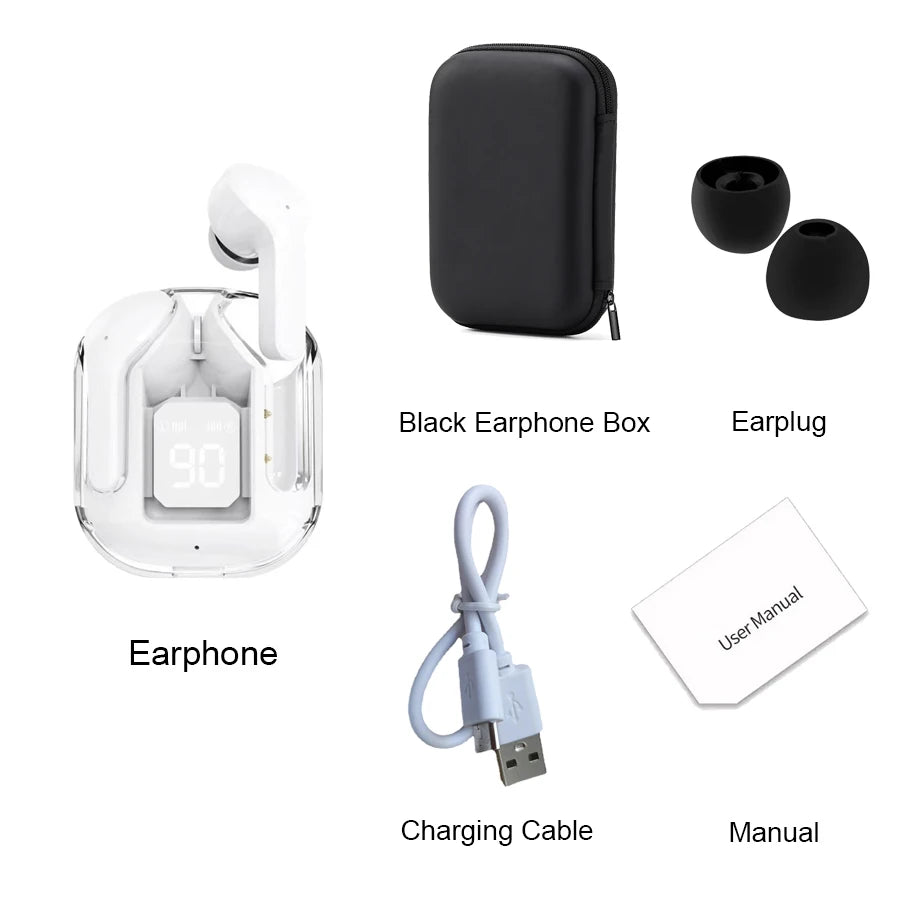 Original T2 Wireless Bluetooth Earphone Transparent HIFI Headphones LED Power Digital Display Stereo Sound Earphones for Phone