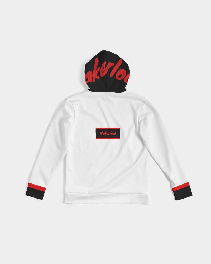 White hoodie with red and black text on a white background