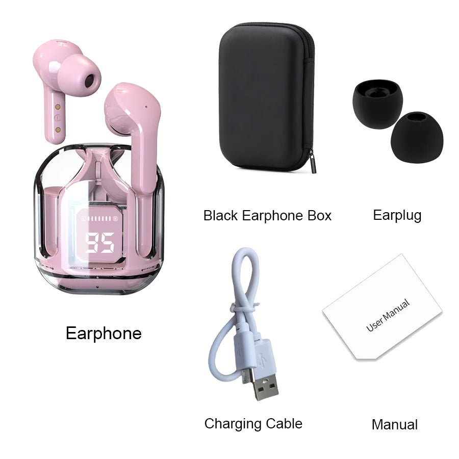 Original T2 Wireless Bluetooth Earphone Transparent HIFI Headphones LED Power Digital Display Stereo Sound Earphones for Phone