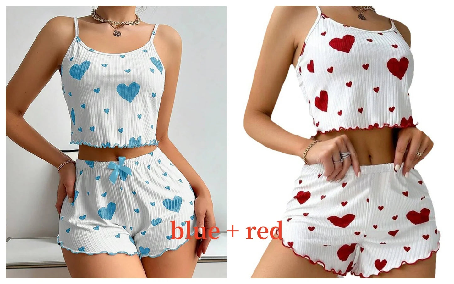 Women’s 2PCS Heart Print Pajama Set, Sleeveless Crop Top and Shorts, Soft Comfy Sleepwear Loungewear for Summer Nightwear
