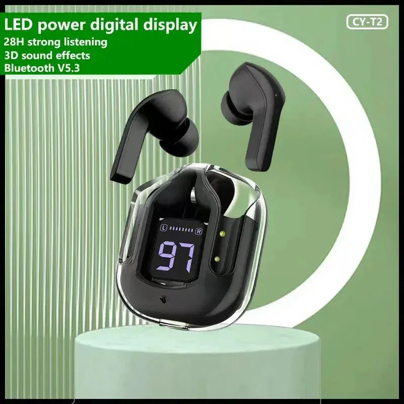 Original T2 Wireless Bluetooth Earphone Transparent HIFI Headphones LED Power Digital Display Stereo Sound Earphones for Phone