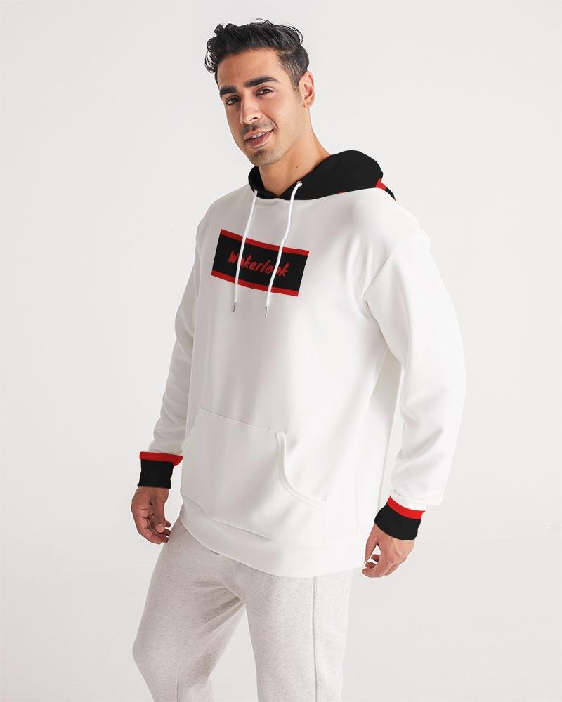 Man wearing a white hoodie with black and red accents on a white background