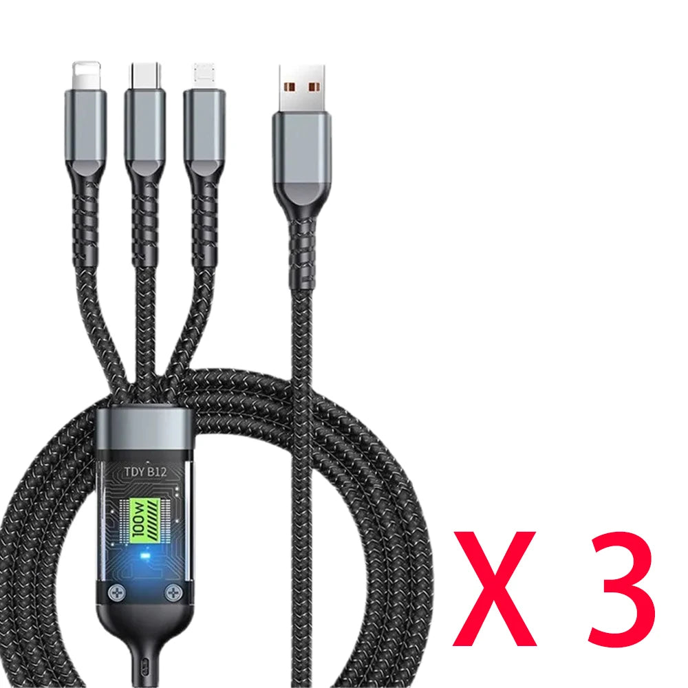 3 in 1 100W USB A Cable Fast Charging Micro USB Data Cord Phone Charger Quick Charge Cable For iPhone Samsung Xiaomi Huawei