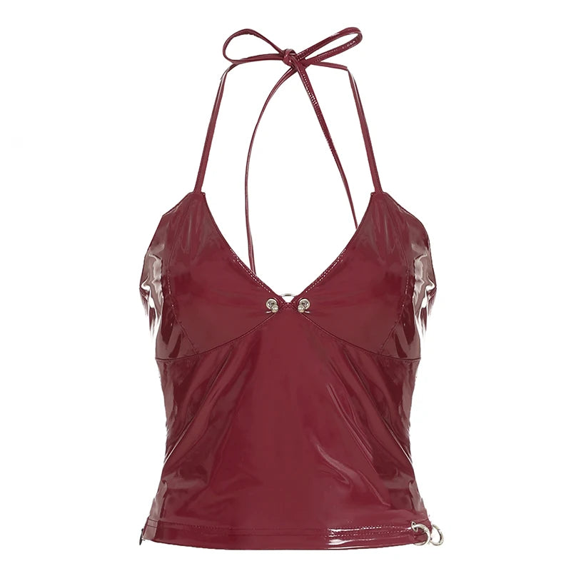 Christmas Solid Metal Button Women’s Halter Tops Sleeveless Pu Leather Punk Baddie Slim Women Blouses Streetwear Clothing