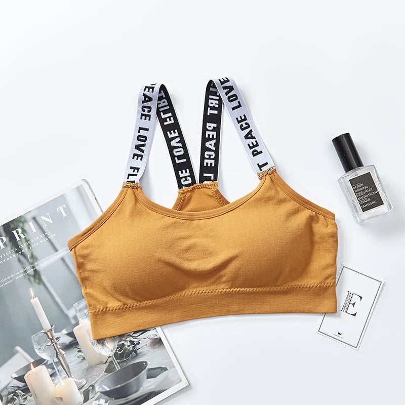 Women Letter Strap Sports Bra Sexy Seamless Fitness Underwear Elastic Slim Crop Top Breathable Push Up Yoga Vest Sportswear