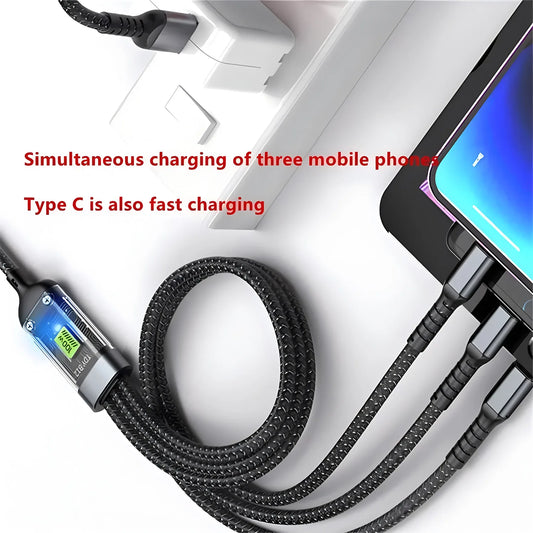 3 in 1 100W USB A Cable Fast Charging Micro USB Data Cord Phone Charger Quick Charge Cable For iPhone Samsung Xiaomi Huawei