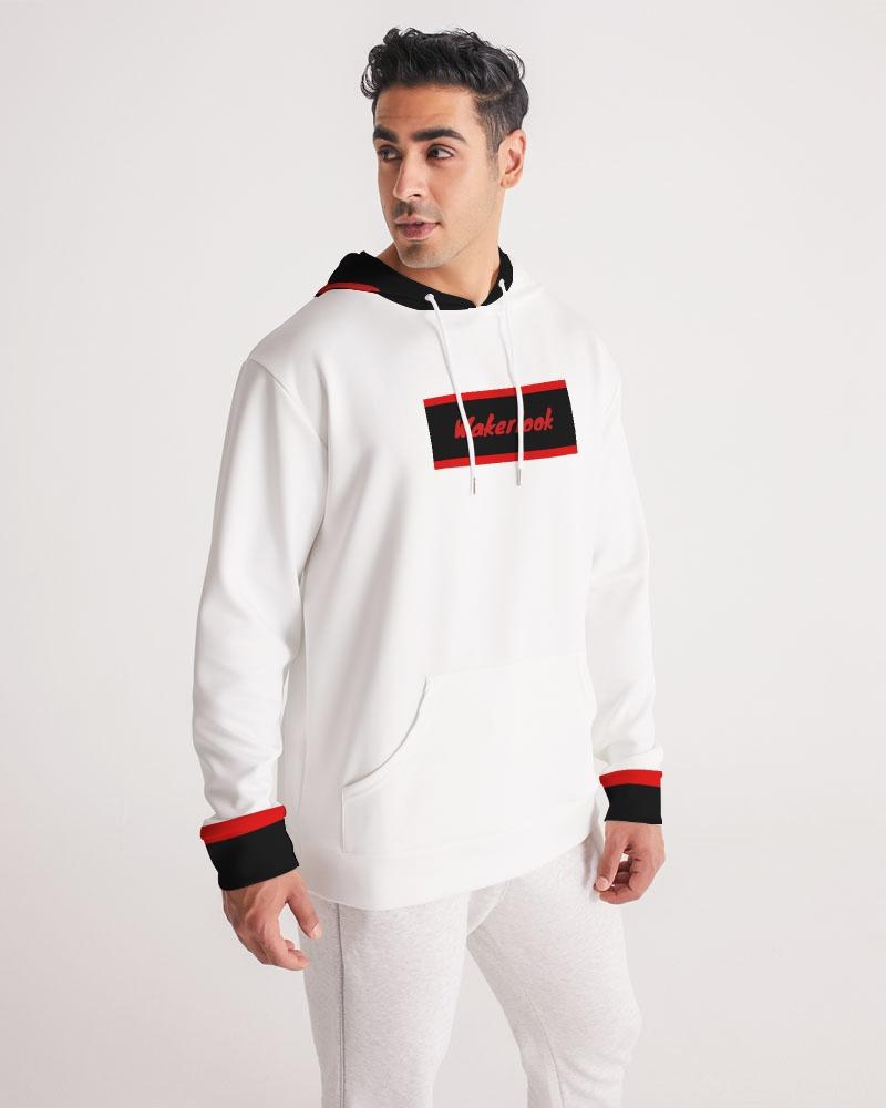 Man wearing a white hoodie with black and red accents on a white background