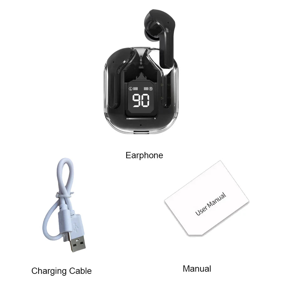 Original T2 Wireless Bluetooth Earphone Transparent HIFI Headphones LED Power Digital Display Stereo Sound Earphones for Phone