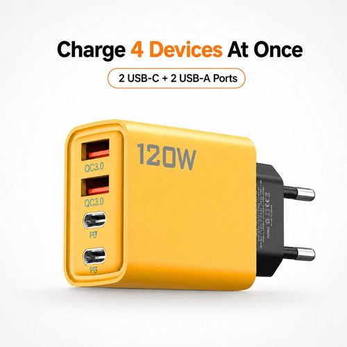 120W 4 Port USB C Fast Charger PD QC3.0 Quick Charge Wall Adapter Power Adapter for iPhone 16 Samsung S24 Xiaomi 15 Mobile Phone