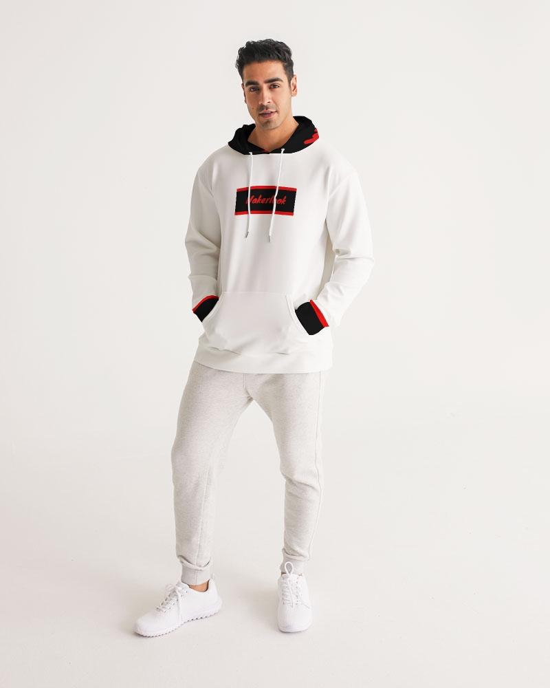 Person wearing a white hoodie with red accents and matching pants on a light gray background