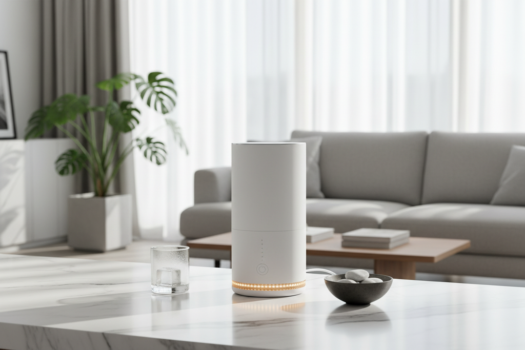 Portable 3-in-1 fan air conditioner humidifier with LED light on a white marble surface in a modern living room